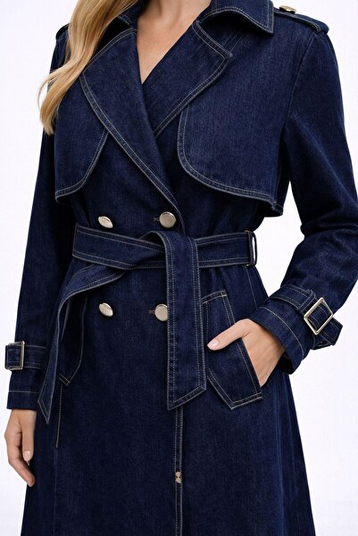 Ronasia Kuşaklı Kruvaze Yaka Jean Trençkot-Koyu yıkama