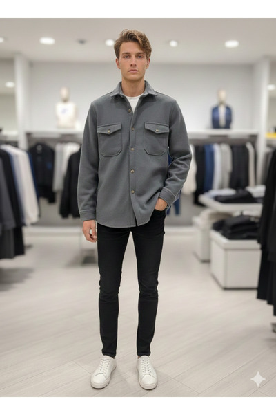 ATKGİYİM Erkek 5 renk cepli Oversize Görünümlü Kaşe Gömlek - Oduncu Tarzı Cek...