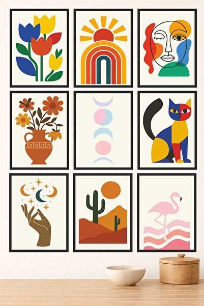 UNT Modern Retro Patterned 9-Piece Mdf Painting Set 15X20 Uv Printing Frame Look