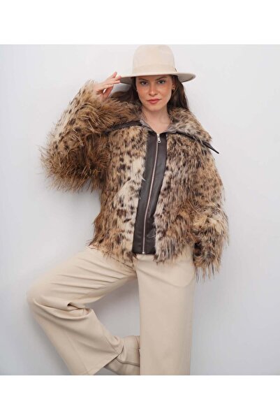 CELİORA STYLE Kadın Leopar Desenli Kürk Mont – Deri Detaylı, Fermuarlı, Şık v...