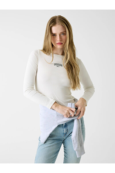 Guess GJ Uzun Kollu Bisiklet Yaka Nakışlı Dar Kesim Kadın Krem Top W6RP22KA0H...