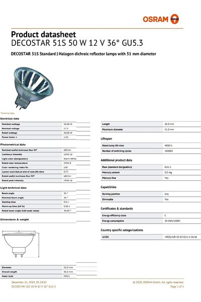 Osram مصباح هالوجين دائري قياسي 12 فولت GU5.3 50 واط - عبوة من 20 قطعة - صنع ...