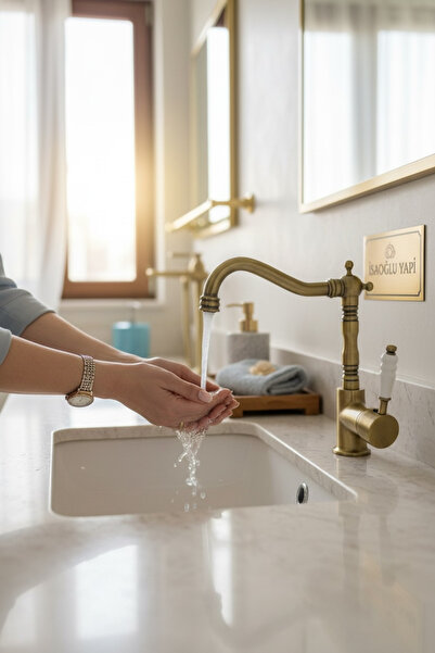 İSAOĞLU YAPI Eskitme Banyo Lavabo Bataryası Eskitme Pirinç Döner Borulu Yükse...