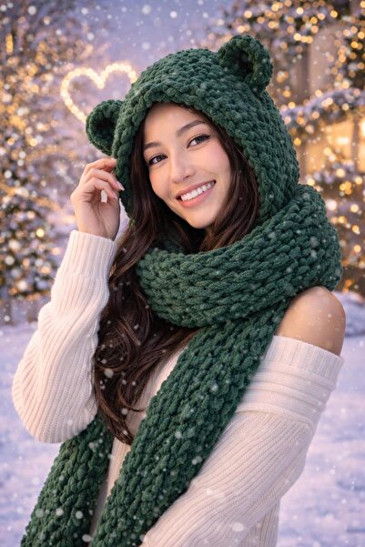 Cheecky Chic Yeşil El Örgüsü Bere & Atkı Takımı – Kadın Kışlık Kalın Örgü Aks...