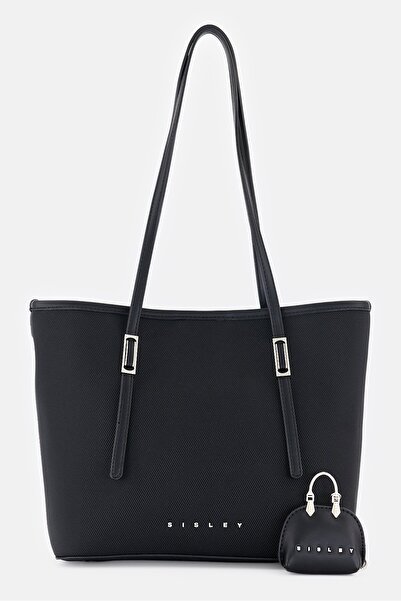 Sisley حقيبة كتف نسائية من قطعتين بشعار ماركة مع جيب للعملات المعدنية، لون أسود