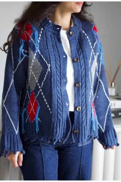 Lavanta Tekstil Baklava Pattern Sacakli Cardigan