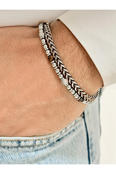 FERRO سوار رجالي من الفولاذ الفضي والبني FRJ10114A-E مع ضمان لمدة عامين مع عل...