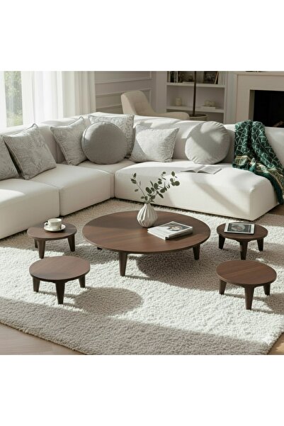 terndat Brown wooden floor table set, round shape