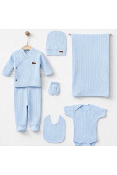 BYS BABY FASHION Seasonal 7-Piece Blue Cotton Newborn Baby Boy Hospital Discharge Set (with Blanket)
