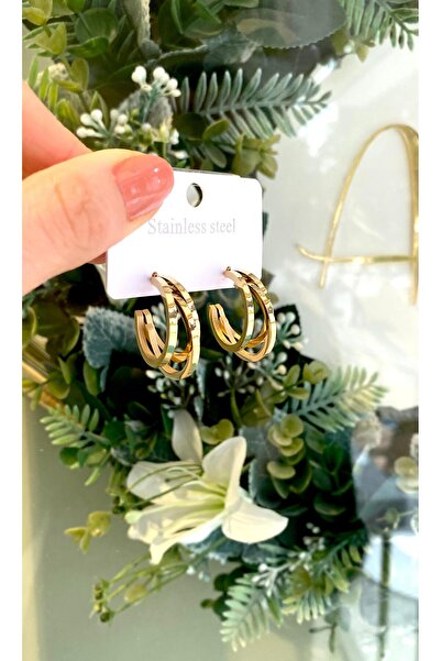 Lilyum Aksesuar Çelik Üçlü Çoklu Görünümlü Altın Renk Halka Küpe