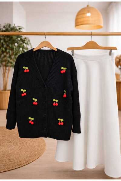 MODA VEDAT Women's Cherry Detailed Knitwear Cardigan - Puff Scuba Skirt Set -...