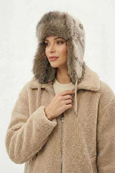 robanu Unisex Beige Fur Deer Patterned Alpaca Pilot Hat