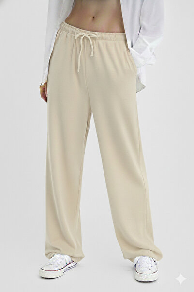 jeneric Women's Ecru Elastic Waist Lined Linen Blend High Waist Palazzo Pants