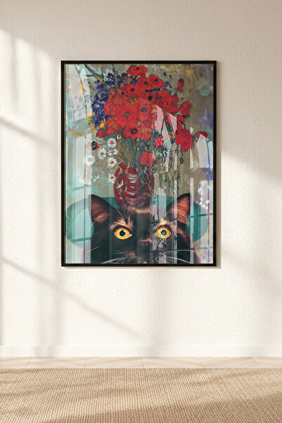 Buka Shops Van Gogh Kırmızı Çiçekler ve Kara Kedi Sanat Tablosu - Renk ve Ölç...