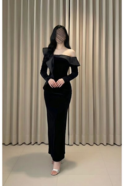 Viola black velvet one-shoulder dress