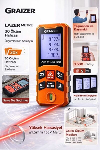 Graizer T 50 Metre Profesyonel Dijital Göstergeli Lazer Mesafe Ölçer Lazer Metre