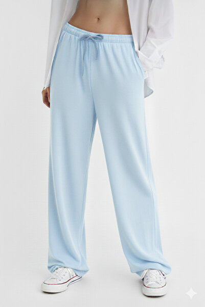 jeneric Women's Blue Elastic Waist Lined Linen Blend High Waist Palazzo Pants