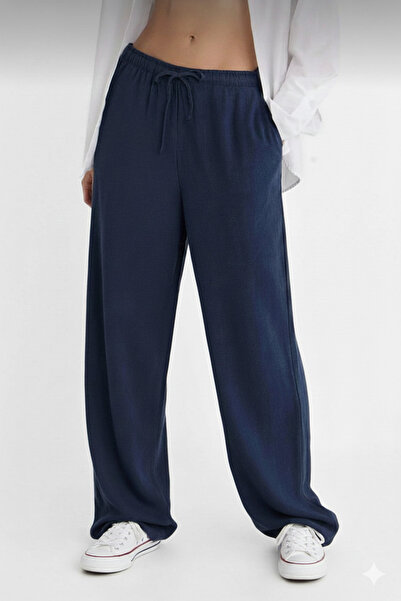 jeneric Women's Navy Blue Elastic Waist Lined Linen Blend High Waist Palazzo ...