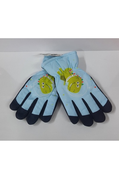 ydn Dino Figürlü Erkek Çocuk Su ve Rüzgar Geçirmez Kar Kayak Eldiveni (8-12 yaş)