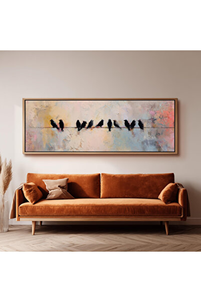 woodhomeworks Tek Parça Gerçek Ahşap Yatay Panorama Çerçeveli Tablo kuşlar ve...