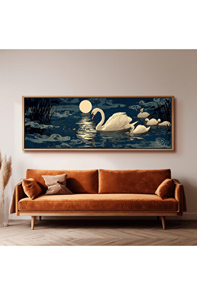 woodhomeworks Tek Parça Gerçek Ahşap Yatay Panorama Çerçeveli Tablo kuğular
