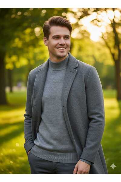 KMKkombin Men's Steel Knitted Slim Fit Plus Size Roll Neck Sports Sweater Eök