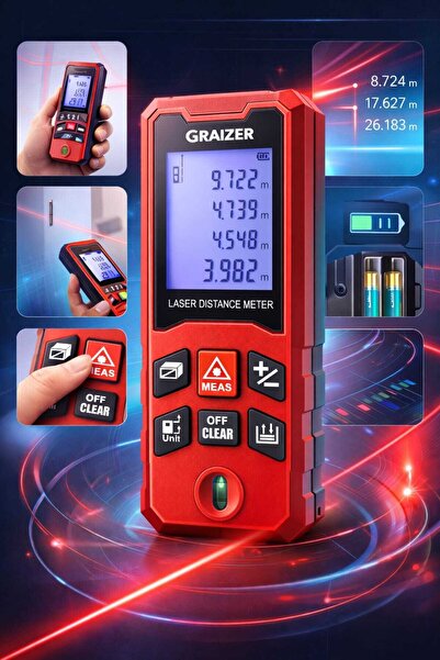 Graizer K 50 Metre Profesyonel Dijital Göstergeli Lazer Mesafe Ölçer Lazer Metre