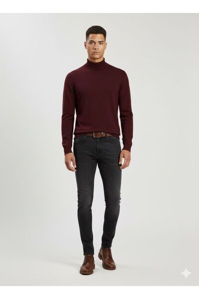 KMKkombin Men's Steel Knitted Slim Fit Plus Size Roll Neck Sports Sweater Eök