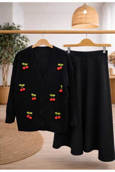 MODA VEDAT Women's Cherry Detailed Knitwear Cardigan - Puff Scuba Skirt Set -...