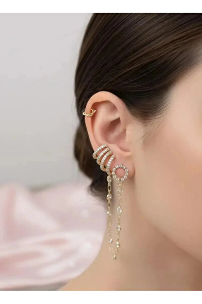 Dorvina Earcuff Cartilage Earring Set with Brass Zircon Stone, Dangling Chain...