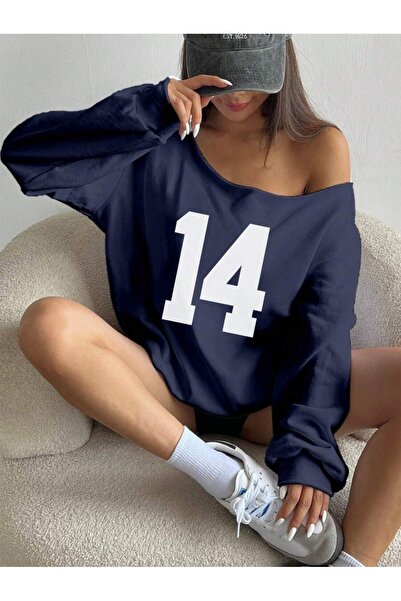 OVER HEAD Hanorac oversize cu imprimeu pentru femei, cu gât tip barcă, 14