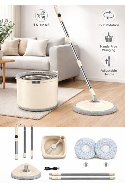 TSUMAB نظام تنظيف بدون استخدام اليدين باستخدام ممسحة دوارة ودلو مع مقبض قابل ...