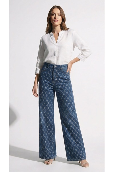 chwain بنطلون جينز بخصر عالٍ مزين بالأحجار