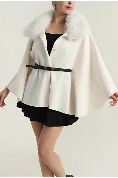 zem moda Kürk Yaka Detaylı Kemerli Panço Ceket – Şık ve Zarif Kışlık Dış Giyim