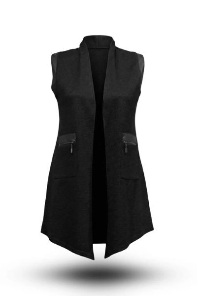 HESNA Women's Sea Chenille Leather Zipper Detailed Quality Black Vest