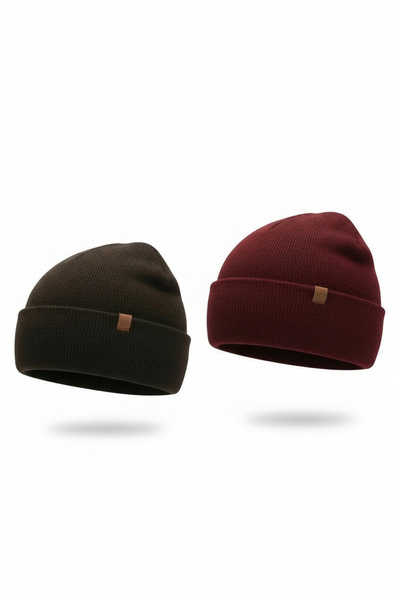luismorro Unisex Knitwear 100% Acrylic 2-Piece Beanie Set Burgundy Brown