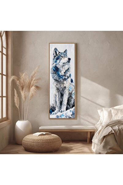 woodhomeworks Tek Parça Gerçek Ahşap dikey Panorama Çerçeveli Tablo beyaz kurt
