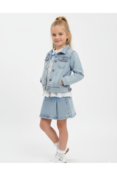 Dmb Girl's Stoned Denim Jacket Embroidered Woven Blouse Elastic Waist Denim S...