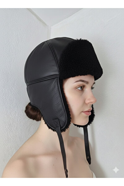 hoaryage Unisex 100% Sheepskin Pilot Hat, Kalpak with Snap Fasteners