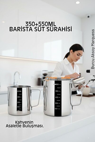 Transformacion İnox 350ml-550ml Barista Süt Sürahisi Seti - Süt Köpürtme Potu...