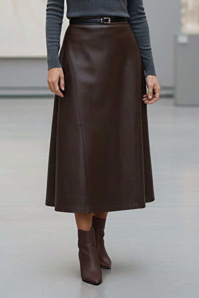 SWARIUS Kulp Kesim Detaylı Deri Etek Acı Kahve