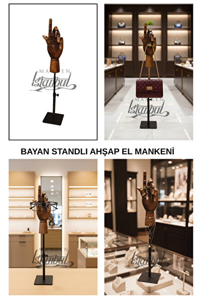 Manken İstanbul Metal Standlı Asansörlü Ayarlanabilir Ahşap El - Mağaza Vitri...