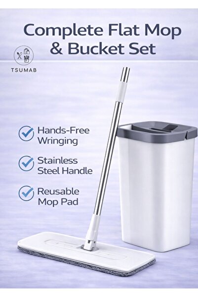 TSUMAB طقم ممسحة ودلو مسطح بدون استخدام اليدين بمقبض من الفولاذ المقاوم للصدأ...