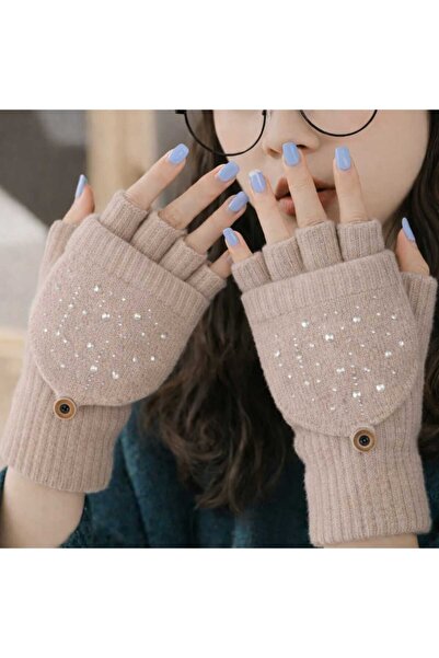 gigigiyim Taş Detaylı Kapaklı Yarım Parmak Örgü Kadın Eldiven