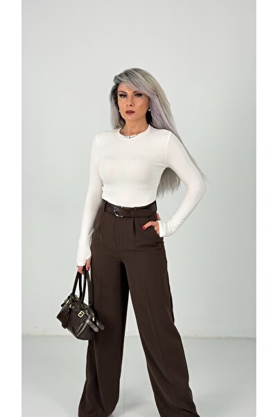 KAROL Kadın Basic Modal Uzun Kollu Bisiklet Yaka Esnek Body - Beyaz