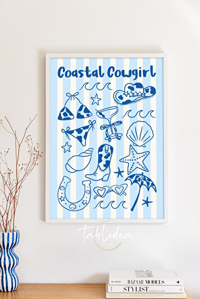 tablodea Poster cu ramă din lemn cu dungi albastre Coastal Cowgirl, decor de ...