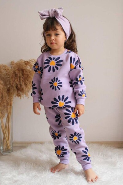 Giyimodam Üç İplik Ş Fleece-Lined B Printed Girls' Casual Suit