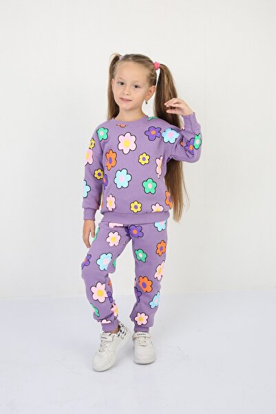 Giyimodam Three Thread Ş Fleece-Lined Star B Printed Girls' Casual Set