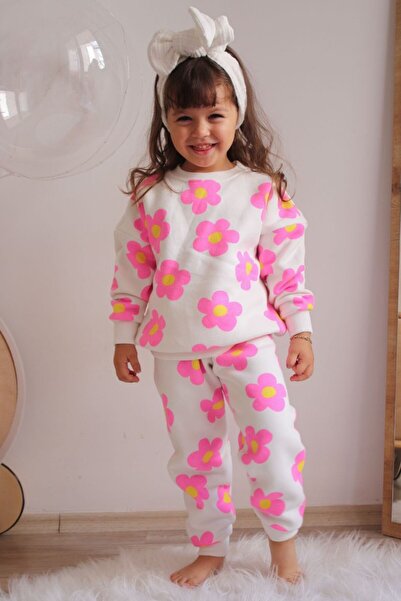 Giyimodam Üç İplik Ş Fleece-Lined Papatya B Printed Girls' Casual Set