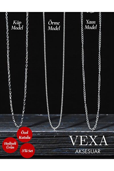 Vexa Aksesuar 3-Piece Chain Necklace Set – Cube, Knitted and Flat Model – Uni...